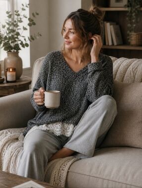 Shyanne Grey Knit Lace Trim Sweater Size Large